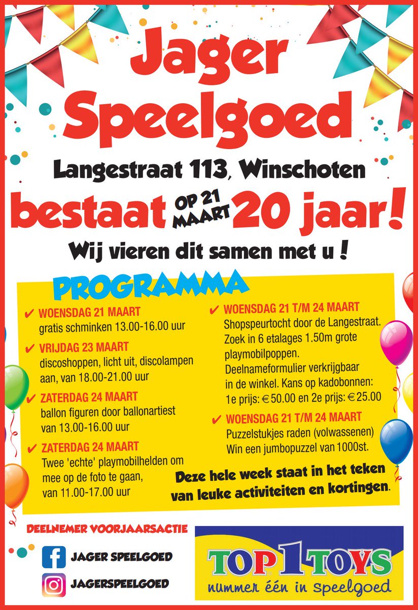 #jagerspeelgoed #top1toysjager 
 bestaat op 21 maart 20 jaar🎈Feest in #winschoten <a href="/Top1Toys_NL/">Top 1 Toys</a> @VerenigingGebra