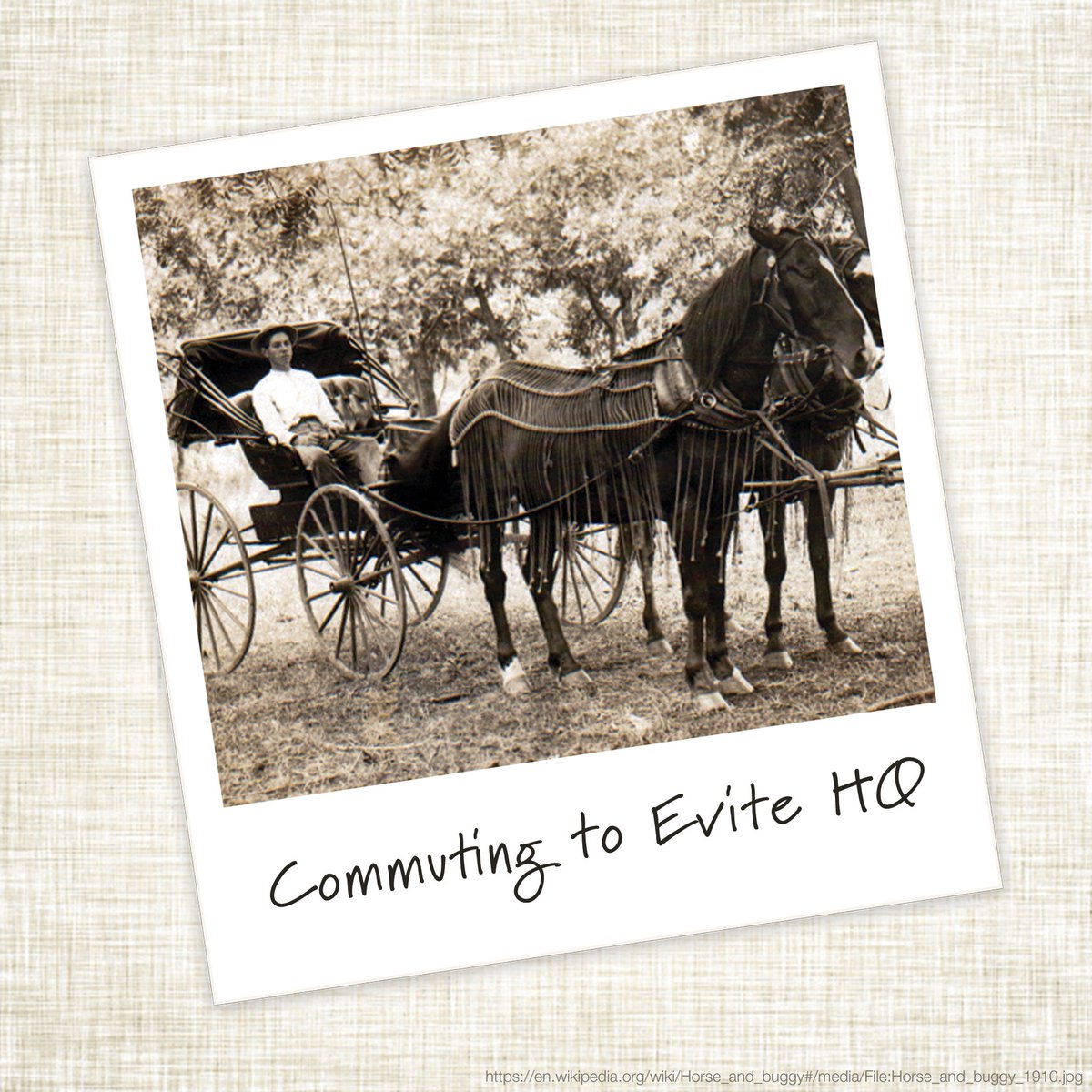 Punchbowl's tweet photo. Evite Fact #87: Did you know? @Evite employees commute on the 405 by horse and buggy. ⏳😉 Out with the old: https://t.co/lOeiMDrMPr #dinosaurbrands #adiosevite https://t.co/lwPPUFyn6E