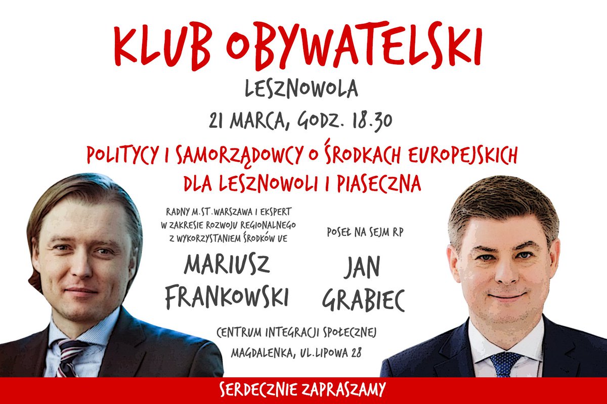 monika_godebska's tweet photo. Klub Obywatelski w Lesznowoli 21.03.2018 (środa) godz.18.30! Do rozmowy dołączą lokalni samorządowcy: wójt Lesznowoli Maria Jolanta Batycka-Wąsik oraz burmistrz Piaseczna Zdzisław Lis. Zapraszam do Magdalenki, ul. Lipowa 28 #Lesznowola #KlubObywatelski https://t.co/KFD0OVHjKf