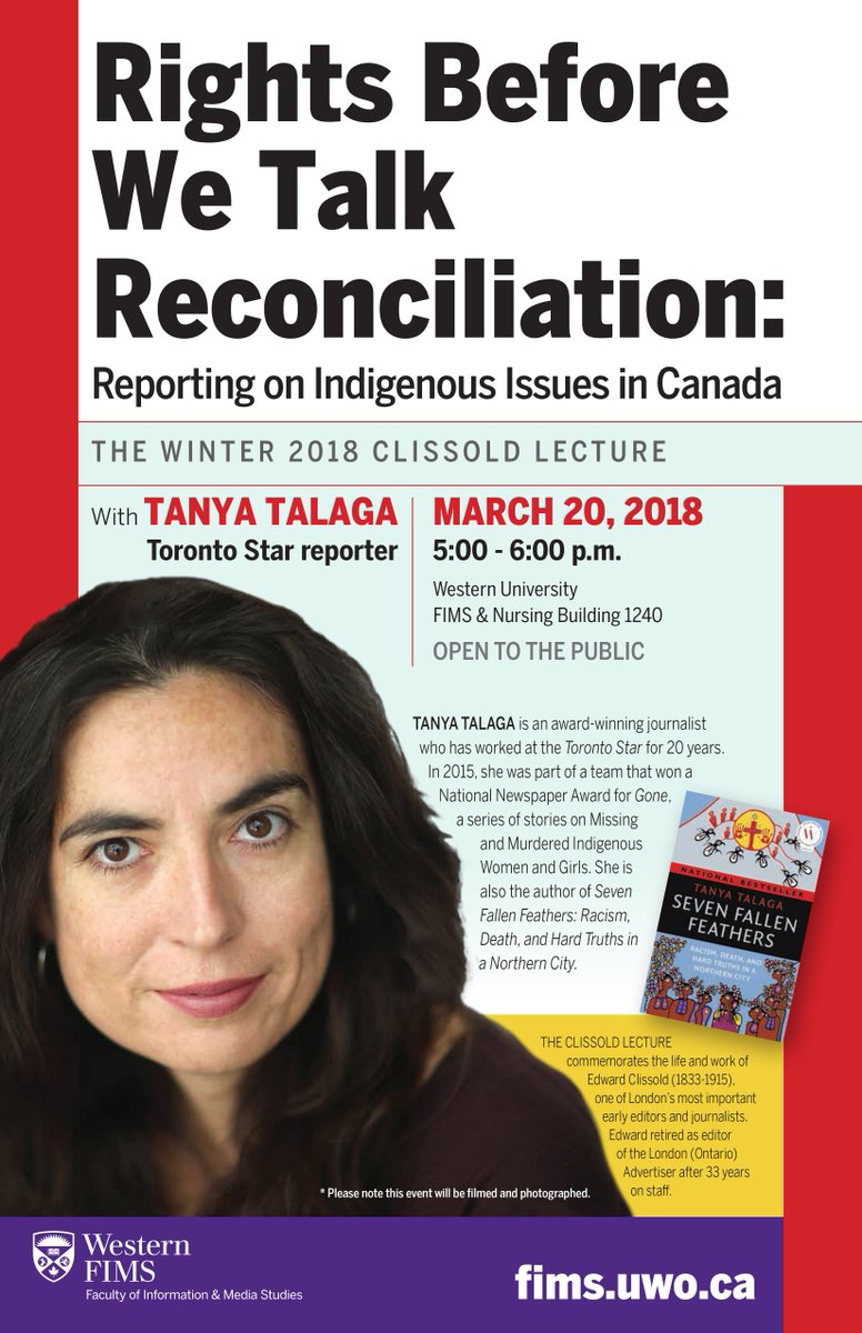 Coming up on Tuesday: FIMS welcomes <a href="/TanyaTalaga/">Tanya Talaga</a> as she presents "Rights Before We Talk Reconciliation: Reporting on Indigenous Issues in Canada." All are welcome to attend. facebook.com/events/8872630…