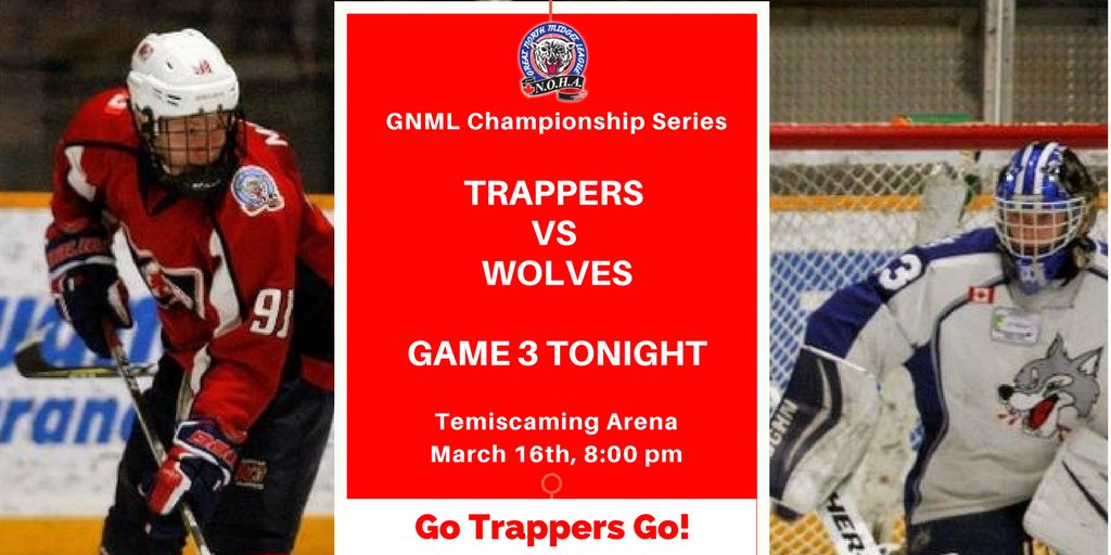 It's game day! <a href="/gnmlhockey/">GNML</a> champ series game 3 tonight in Temiscaming.  CORRECTION: Puck drop is at 8:00 PM. Trappers vs <a href="/GNMLNCWolves/">NickelCapitalWolves</a> . Series currently tied 1-1. Go Trappers Go!