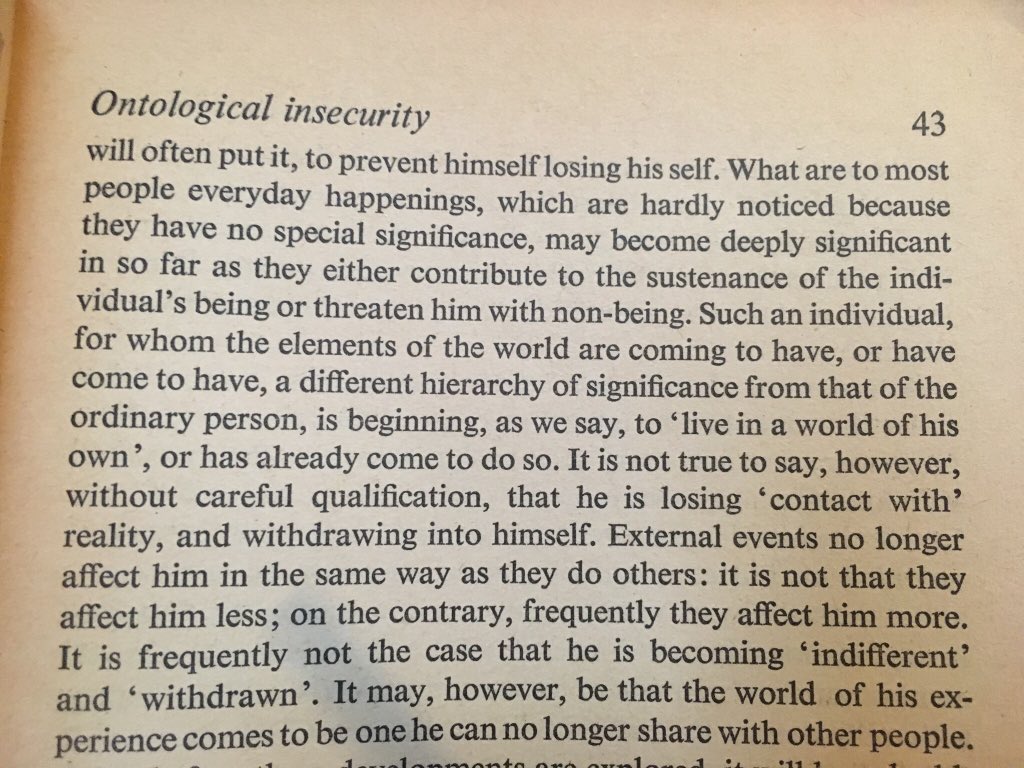 CrosslandWell's tweet photo. The Schizoid Self and ontological insecurity: R.D Laing. The Divided Self
Essential reading for anyone working with or experiencing Schizoid Personality Disorder.
#SPD #Laing #TheDividedSelf https://t.co/0hBITmWTXA