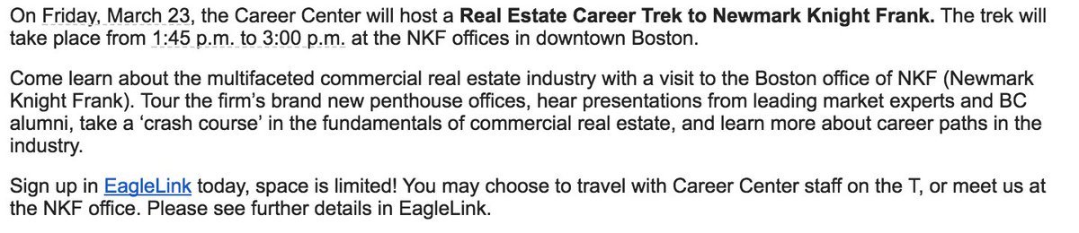 corcorancenter's tweet photo. Check out the Real Estate Career Trek to Newmark Knight Frank hosted by @BC_Career on 3/23! Register and get more information on EagleLink https://t.co/Hhpj2dVsim