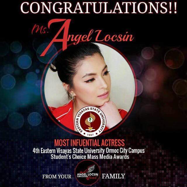 alcantara3101's tweet photo. Congratulations queen 👏👏👏 @143redangel for being the most influential actress by the 4th Eastern Visayas State University Students Choice Mass Media Awards 
Hakot award pa more mis gel
#CongratsAngel https://t.co/YLciZdoDwC