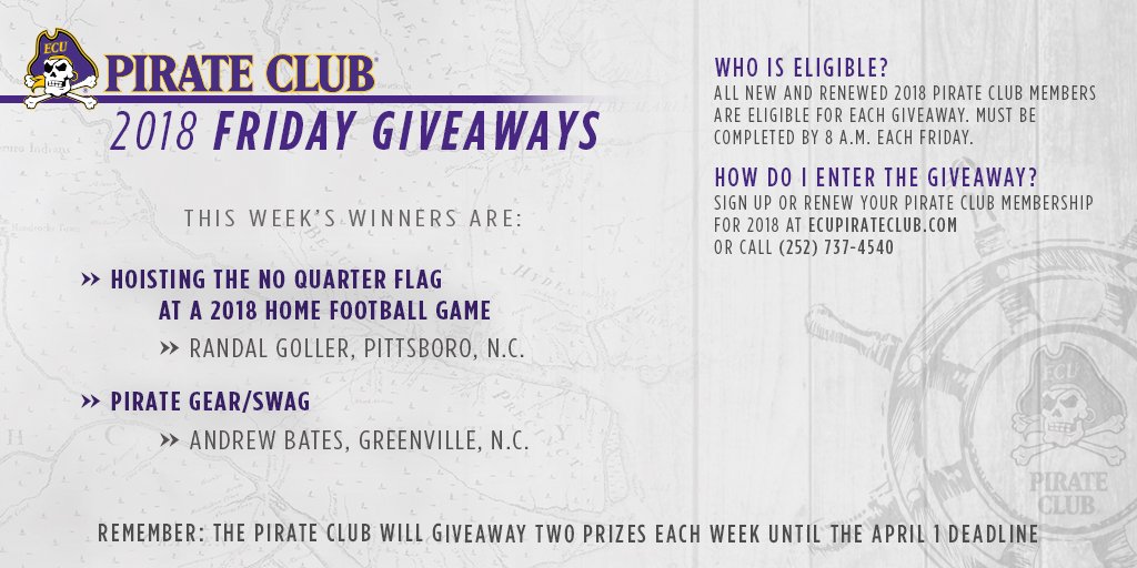 And this week's Friday Giveaway winners are:   

Randal Goller, Pittsboro, NC 
Andrew Bates, Greenville, NC  

Congratulations again to this week's winners! To be eligible, sign up or renew your Pirate Club membership for 2018 at ecupirateclub.com or call (252) 737-4540