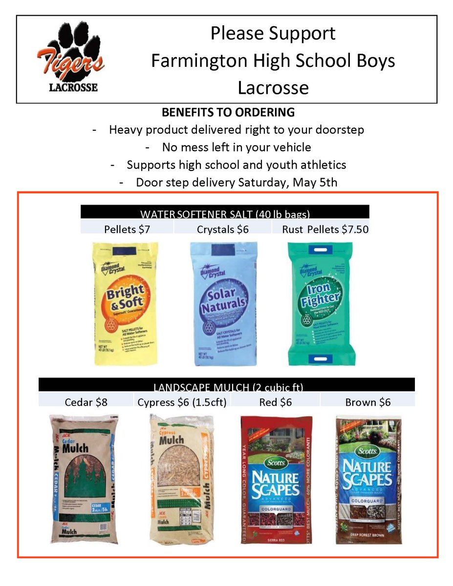 Please support Boys Lacrosse and order your spring salt and mulch through our fundraiser! The boys will hand deliver your order for you! Order online here: tigerfanclub.sportngin.com/register/form/…
