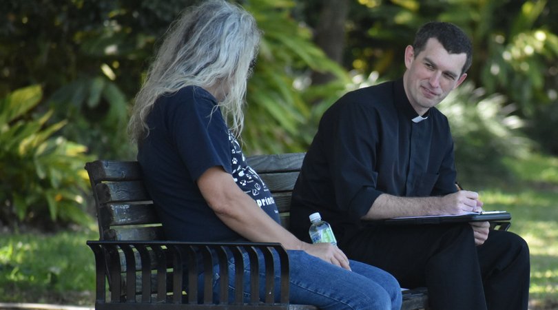 3 days a week you’ll find Fr. Chris Dorsey sitting on a bench overlooking Lake Eola in Downtown Orlando. He’s there to share his ministry through "prayer, confession and conversation." #orlandovocations #thinkingpriesthood