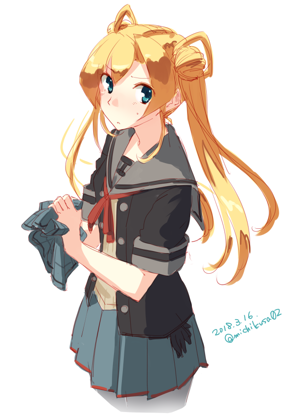 abukuma (kancolle) 1girl solo blonde hair long hair skirt hair bun double bun  illustration images