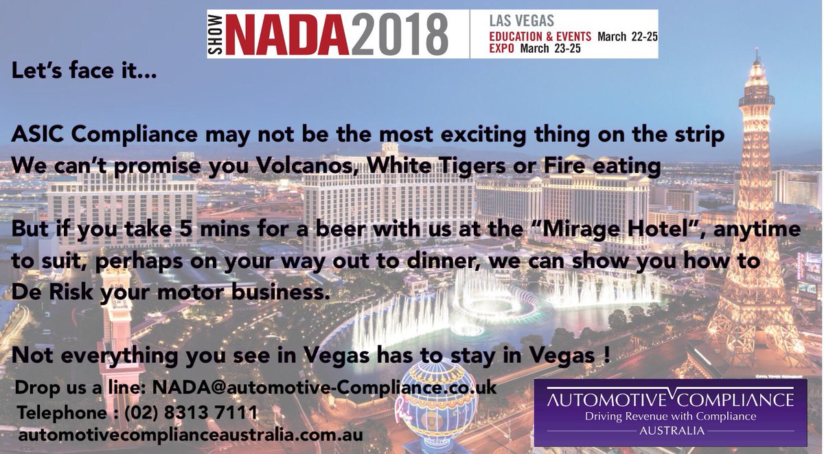 If you are also going to #NADA and would like to understand further the changes #ASIC regulation will implement within the Australian #Autoindustry catch up with us at #NADASHOW     DM or email
