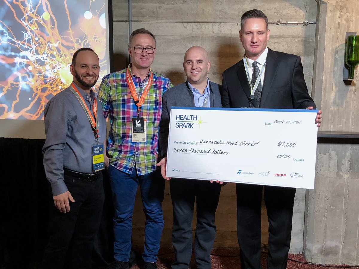 HealthSpark2018's tweet image. The @HealthSpark2018 Barracuda Bowl Grand Prize winner is @Nuro_corp Defining new frontiers in Neurotechnology, Francois Gand, Founder and CEO. Congratulations to all the participants! We will see you next year! @hcbhealth @AbelsonTaylor @juicepharma @sxsw nuro.ca