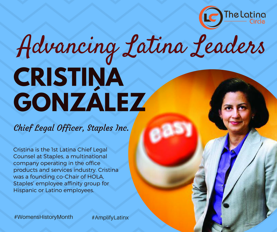 Happy Friday! We're half way into #WomensHistoryMonth, and today we honor Cristina Gonzalez, Chief Legal Counsel of Staples. This #WiseLatina is a trailblazer, leading the legal division for this multinational office products giant. #AmplifyLatinx #PowerofVisibility