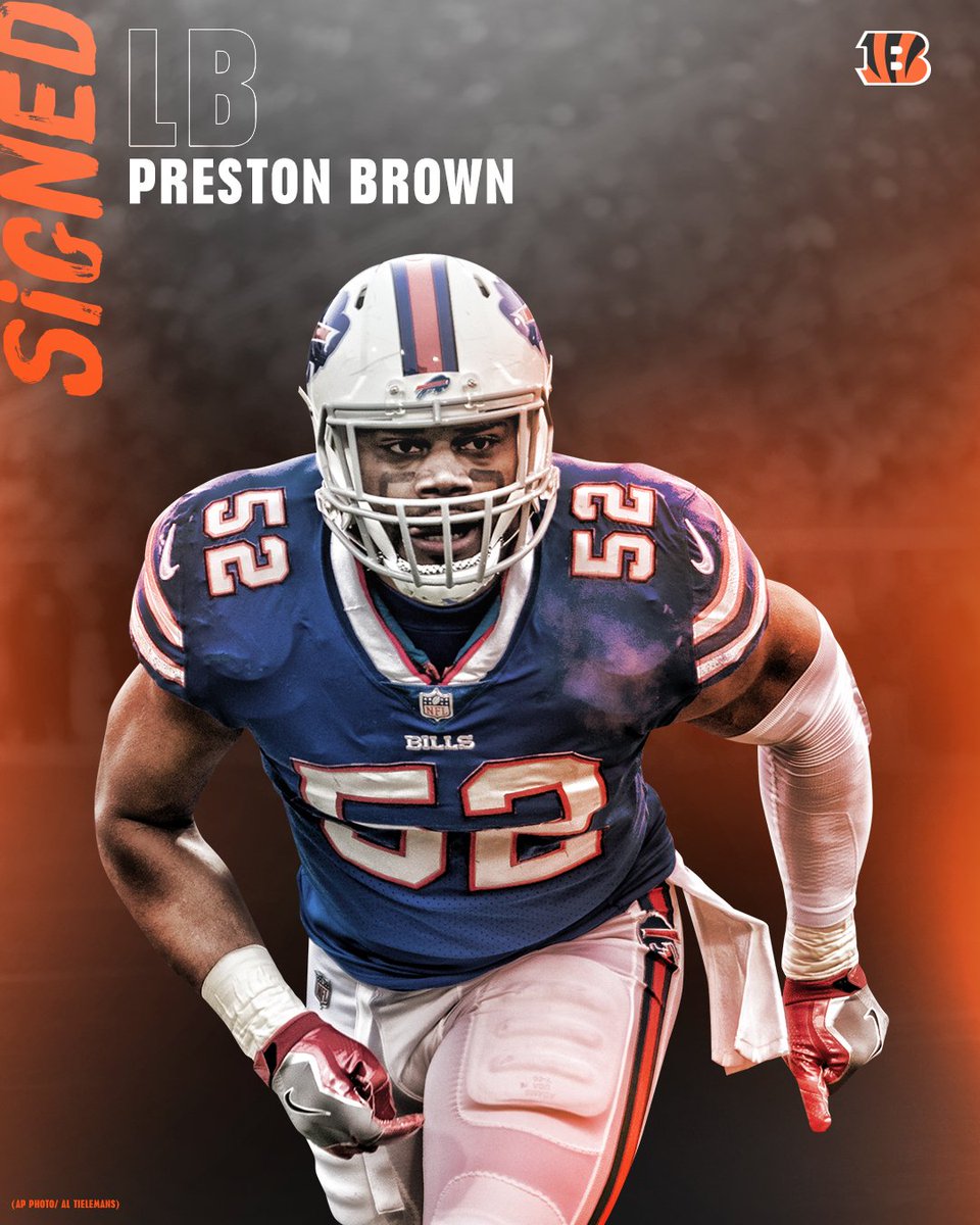 Bengals's tweet photo. NEWS: #Bengals sign LB Preston Brown

Welcome to Cincinnati, @PB_Number2!

📰: https://t.co/Cbf21Izj6T https://t.co/eS5LM2piEy