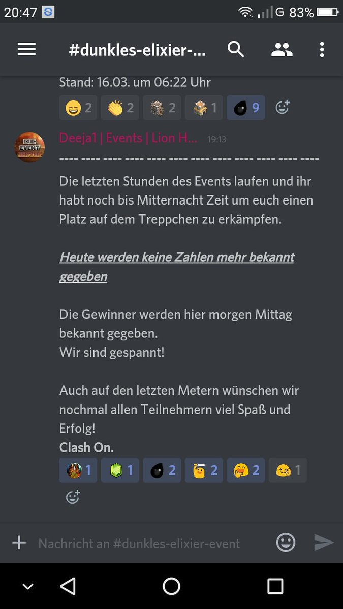 Das Ende des Events rückt näher, in wenigen Stunden stehen die Gewinner fest!
Darum werden heute mal keine Zahlen bekannt gegeben.

Weitere Infos im angehängtem Screenshot.

#GCC #Clasherstats #DunklesElixier #Delex #Countdown #GoodLuck