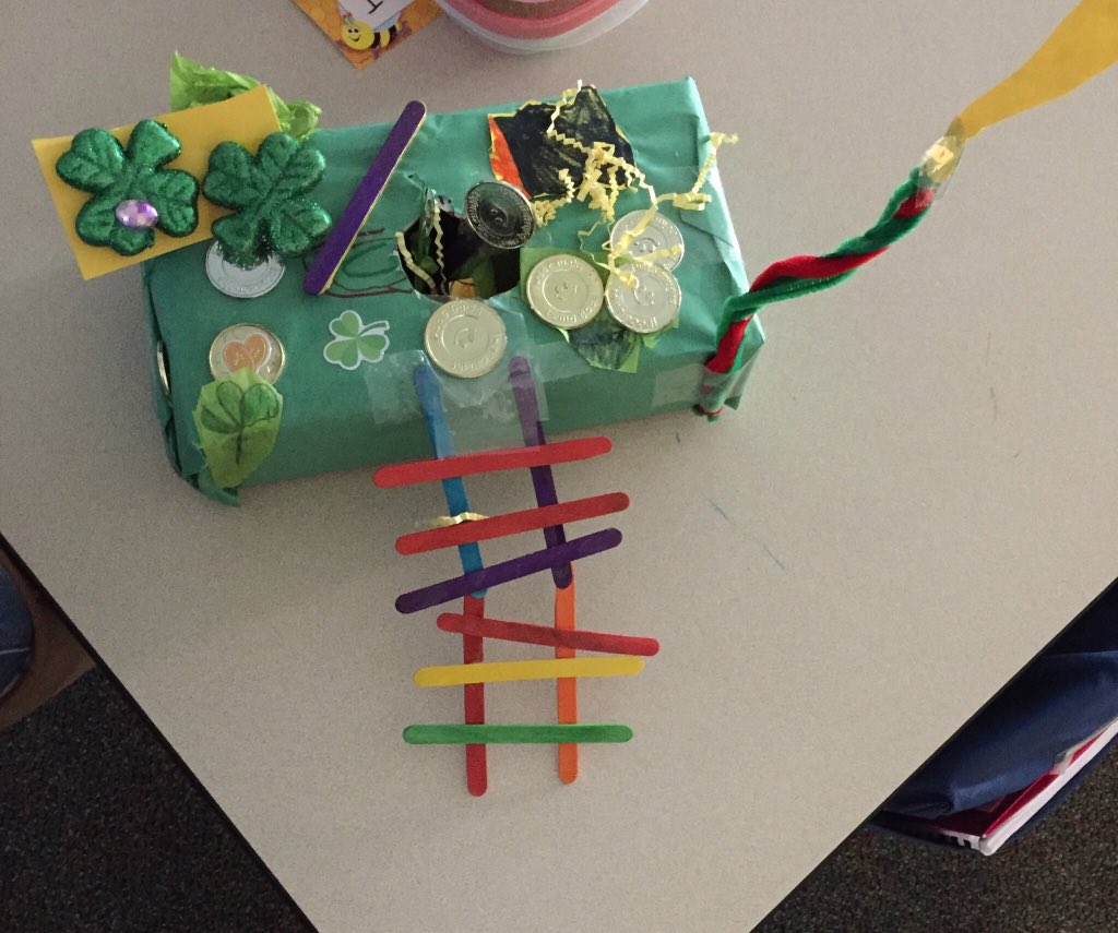 baxtercorner's tweet photo. We received a letter from the Leprechaun Agency that they needed help catching Lucky 😉 SO we created these with our friends. They are all set and ready to catch him tomorrow!! 🍀 #kindercreativity #3Dshapes #amazingwriting https://t.co/qtdZxuvoSn