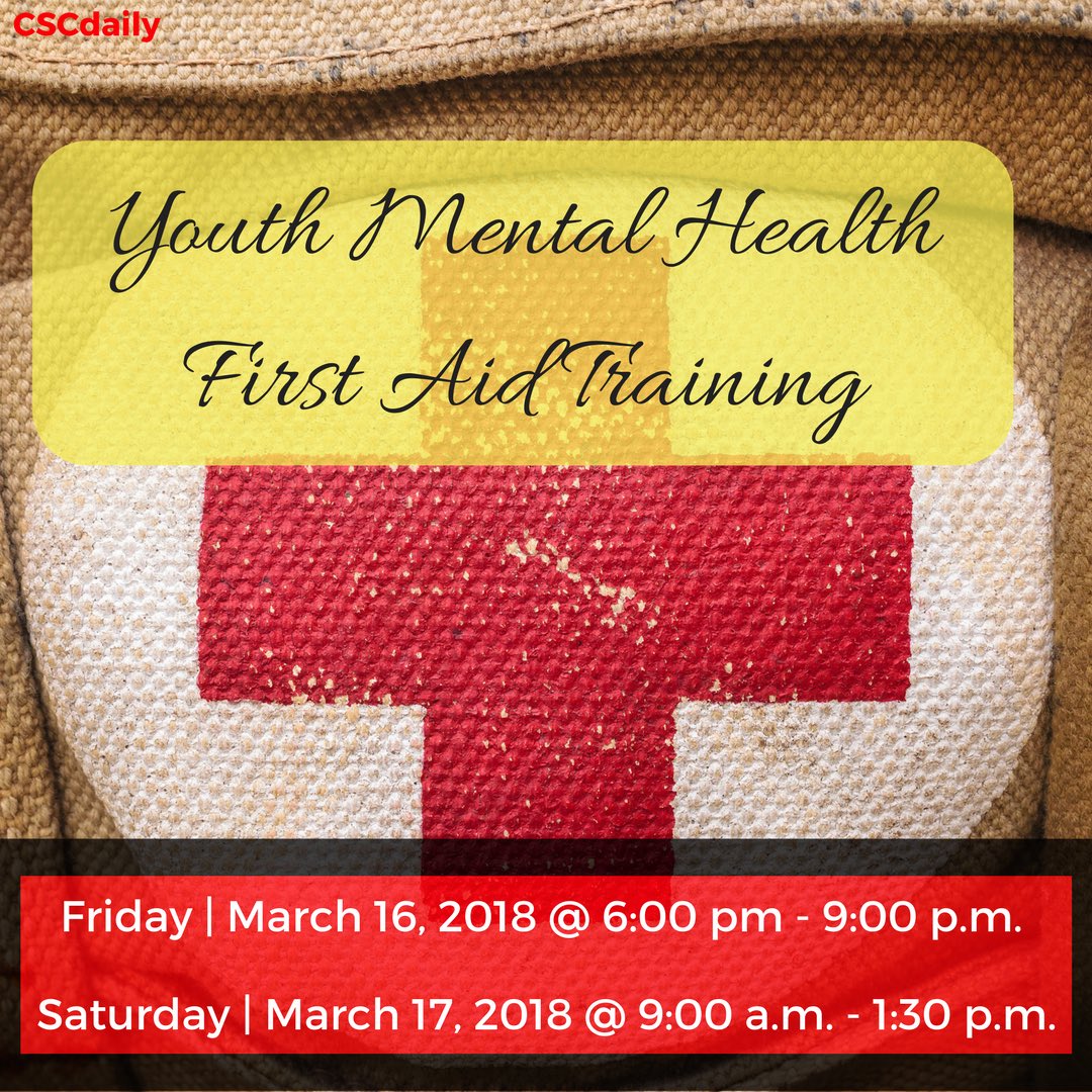 cscdaily's tweet photo. Youth Mental Health First Aid is also designed to help an adolescent (age 12-18) who is experiencing a mental health or addictions challenge or is in crisis. Join our Youth Ministry tonight and tomorrow at C.S.C. for Youth Mental Health First Aid Training! #cscYM #FirstAidTrain https://t.co/67WPPmcdgi