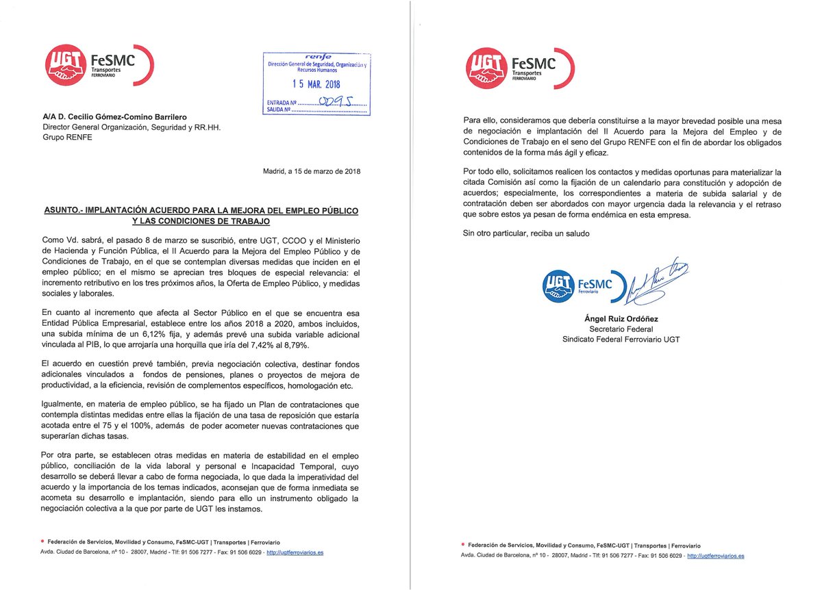 FerroviarisUGT's tweet photo. UGT solicita la implantación del Acuerdo para la mejora del #empleopúblico en #Adif y en el Grupo #Renfe https://t.co/TRXIVPZGfn https://t.co/1KnDwWyMW1