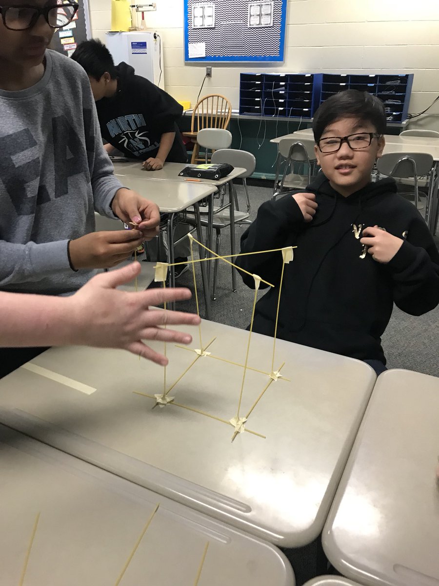 ammoldenhauer's tweet photo. Day before break? We did the #marshmallowchallenge today! Ss needed to make the tallest freestanding structure using only noodles, string, tape and place a marshmallow on top. Saw some amazing ideas and teamwork #nmspolars #6thchat #teamwork https://t.co/ahBxErSiEr