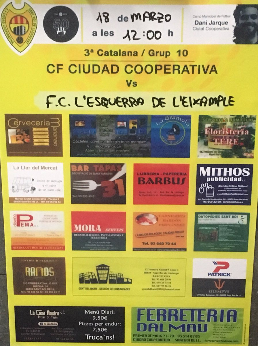 #finde ⚽️ #SantBoi #4cat11 mañana <a href="/VinyetsMoliVell/">CF Vinyets Moli-Vell</a> v Peña Blanc B 🕢, <a href="/MarianaoPoblet/">CD Marianao Poblet</a> v <a href="/aeprat1945/">AE Prat</a> #2cat3 🕡, <a href="/cfc_cooperativa/">CFciudadcooperativa</a> v L’ Esquerra domingo 🕛 #3cat10 y <a href="/FClubSantboia/">Futbol Club Santboià</a> v <a href="/CELHospitalet/">CE L'Hospitalet</a> #3div5 🕛  (<a href="/cpud_malaga/">CPUD Malaga</a> juega en 🏡 de <a href="/canroca74UE/">Can roca 74 U.E</a> el domingo a las 🕕 #3cat8 )🍀