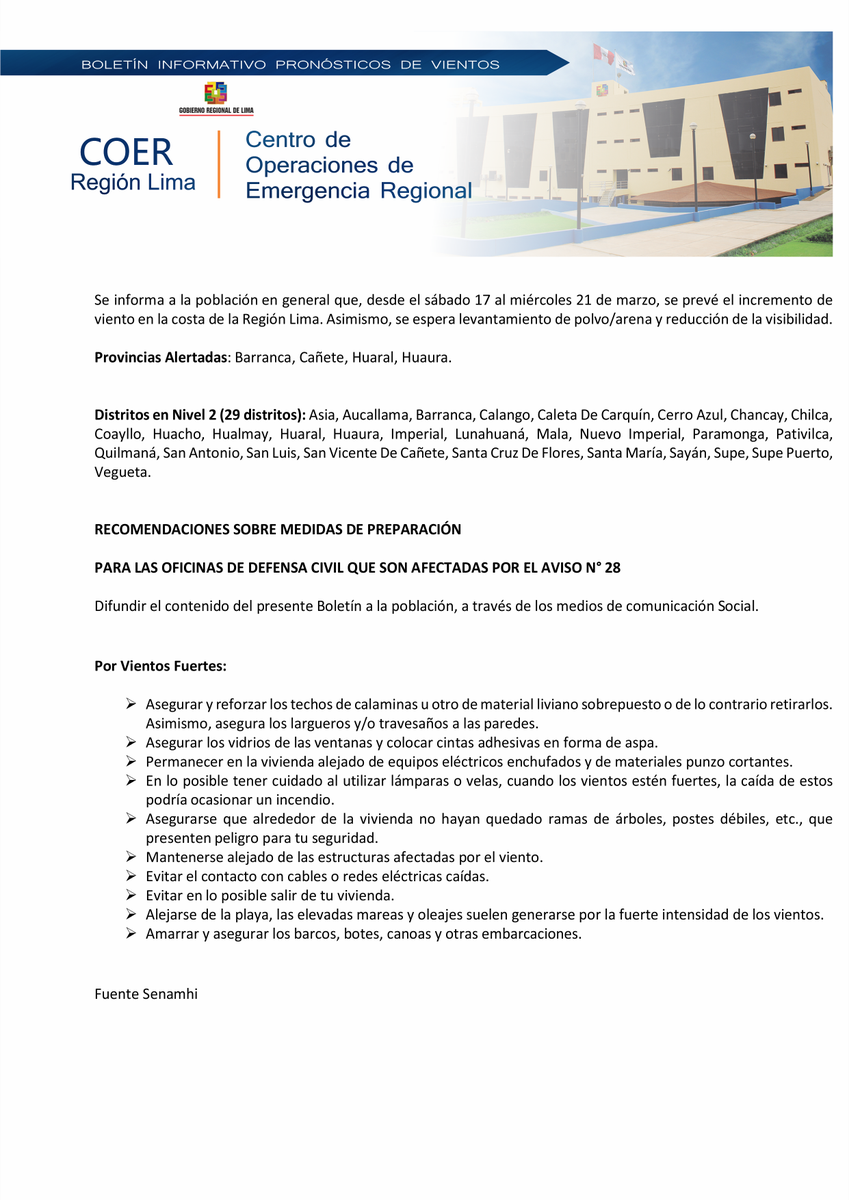 defensacivilGRL's tweet photo. #COERSiempreAlerta El COER comunica que, desde el sábado 16 al miércoles 21 de marzo, se prevé el incremento de vientos en el litoral de la región Lima. Se recomienda tomar las siguientes medidas preventivas. https://t.co/Hw9jVb2opz