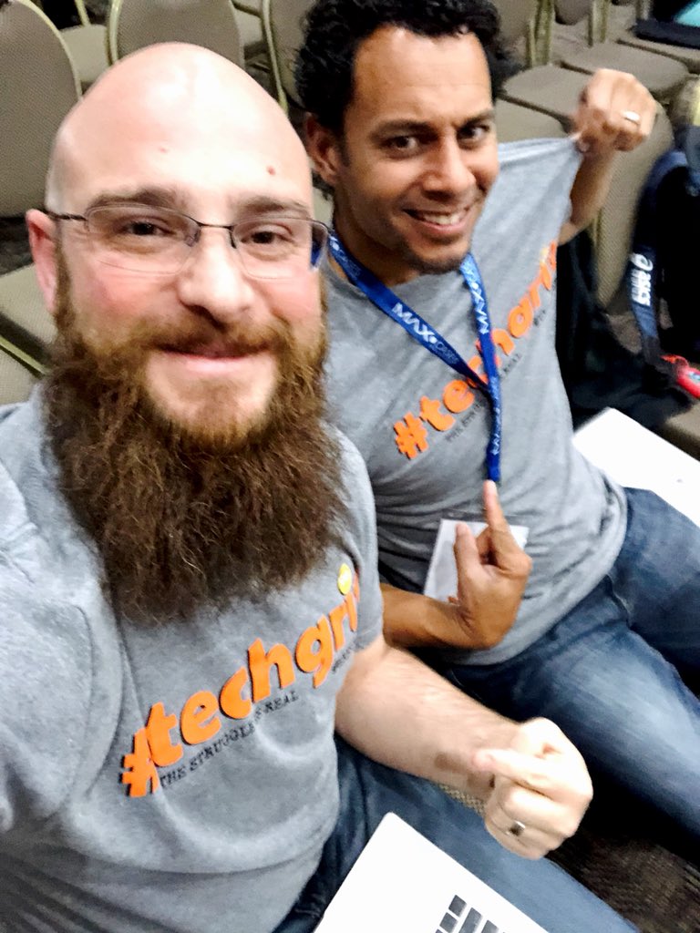 JoeFuertsch's tweet image. Ready to kick today off at #CUE18 with our #techgrit shirts! #CNUSDatCUE #erhstweets #edtech
