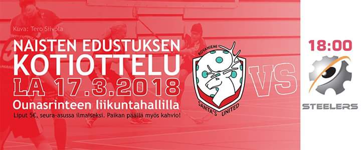 Lauantai kello 18.00 <a href="/SantasUnited/">Santa´s United</a> naisten edustuksen kauden viimeinen kotipeli Ounasrinteen liikuntahallilla ja vastassa <a href="/SteelersNaiset/">Steelers Naiset</a> #salibandy mukana menossa myös <a href="/KemijokiOy/">Kemijoki Oy</a>