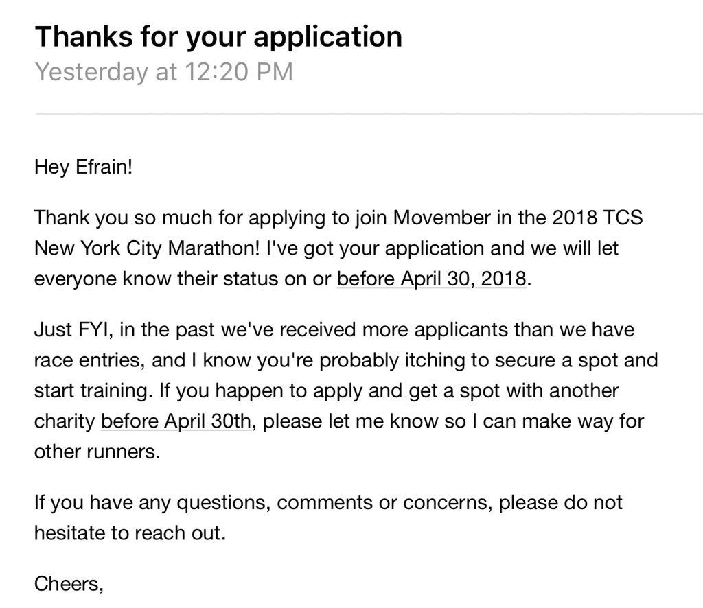 ef_solis's tweet photo. @nycmarathon @Movember fingers crossed. Trying to make a point about motivation this year by going from the couch to something extraordinary in 12 months. Haven’t ran a marathon in 12+ years! #BeTheChange #onedayordayone https://t.co/Ev3tqVw3lm