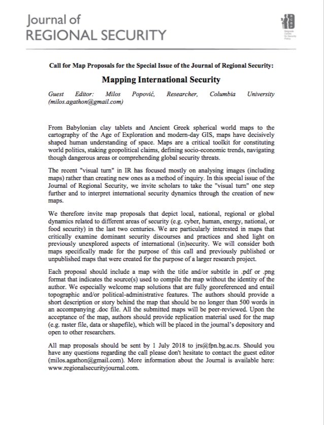 JrnlRegSec's tweet photo. Journal of Regional Security is inviting researchers to submit maps proposals for a forthcoming special issue entitled Mapping International Security and guest edited by @milos_agathon. Deadline is 1 July! https://t.co/VmfS4cxaDO