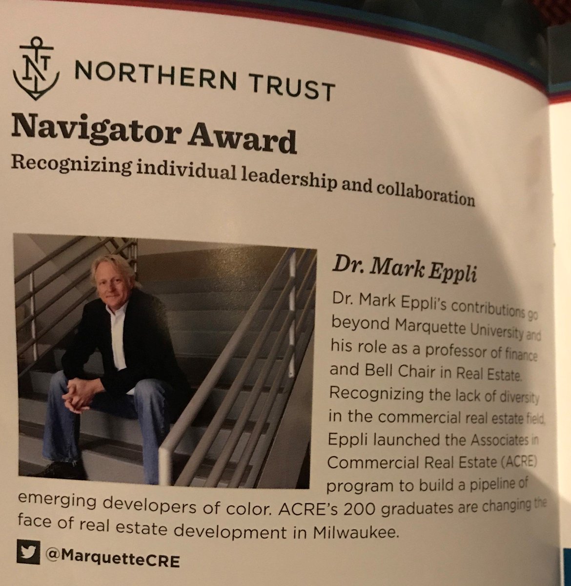 MUBusiness's tweet photo. Last night, in addition to receiving the Navigator Award, @LISC_Milwaukee honored Dr. Eppli with a Catalytic Venture fund named after him. #MANDI18 @MarquetteCRE https://t.co/DHghuQfsfn