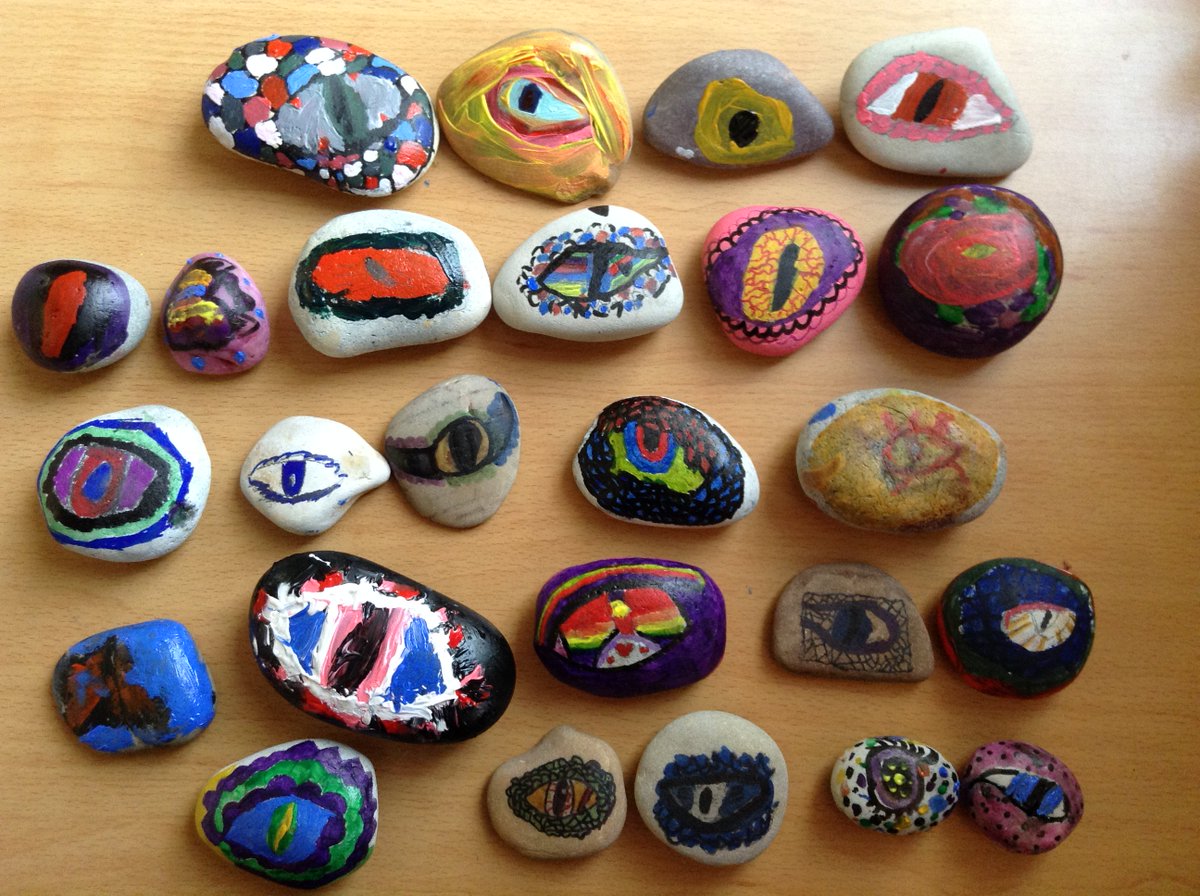WaylandJunior's tweet photo. Look at these brilliant dragon eyes created by the Puffin class, inspired by @CressidaCowell's 'How to Train Your Dragon', ready to be hidden around Watton for #norfolkrocks. #wjawbookday https://t.co/2cYij8hS2P
