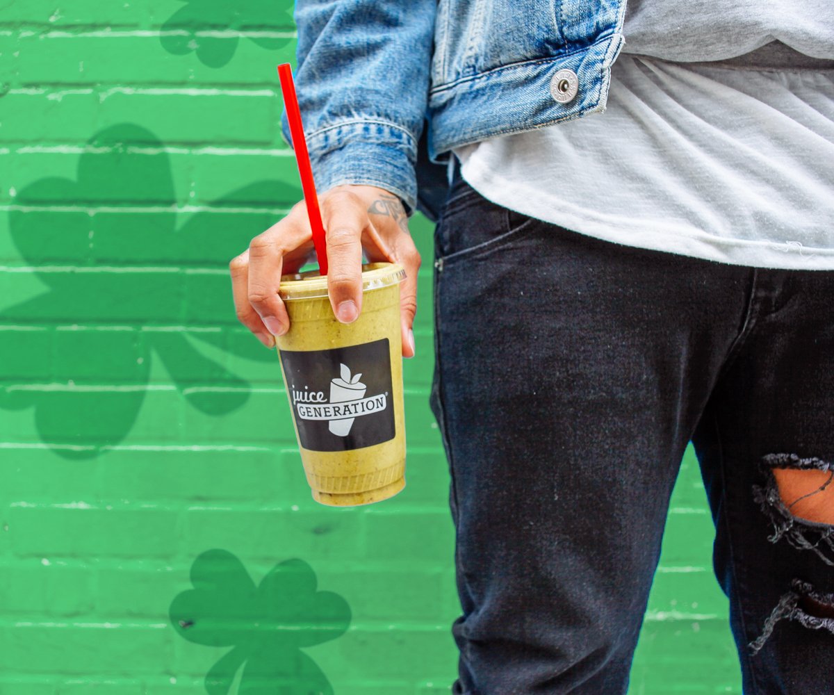 JuiceGeneration's tweet photo. Feelin' lucky? 🌱 Stop by any Juice Generation location this weekend + you might strike gold. We’re randomly selecting winners all #StPatricksDay weekend to receive a fresh juice or smoothie when you purchase any fresh green beverage through the #SupaDupaRewards app! https://t.co/WQEhhVabmY
