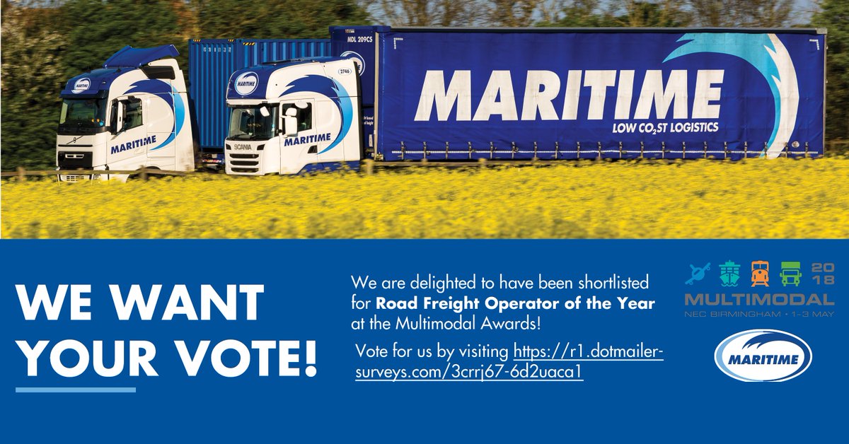 Vote for Maritime Transport to win Road Freight Operator of the Year! Click here to go straight to the link: ow.ly/bkiy30iZrR4  #Multimodal18 #voteformaritime #haulage #roadfreightoperatoroftheyear #NEC #birmingham