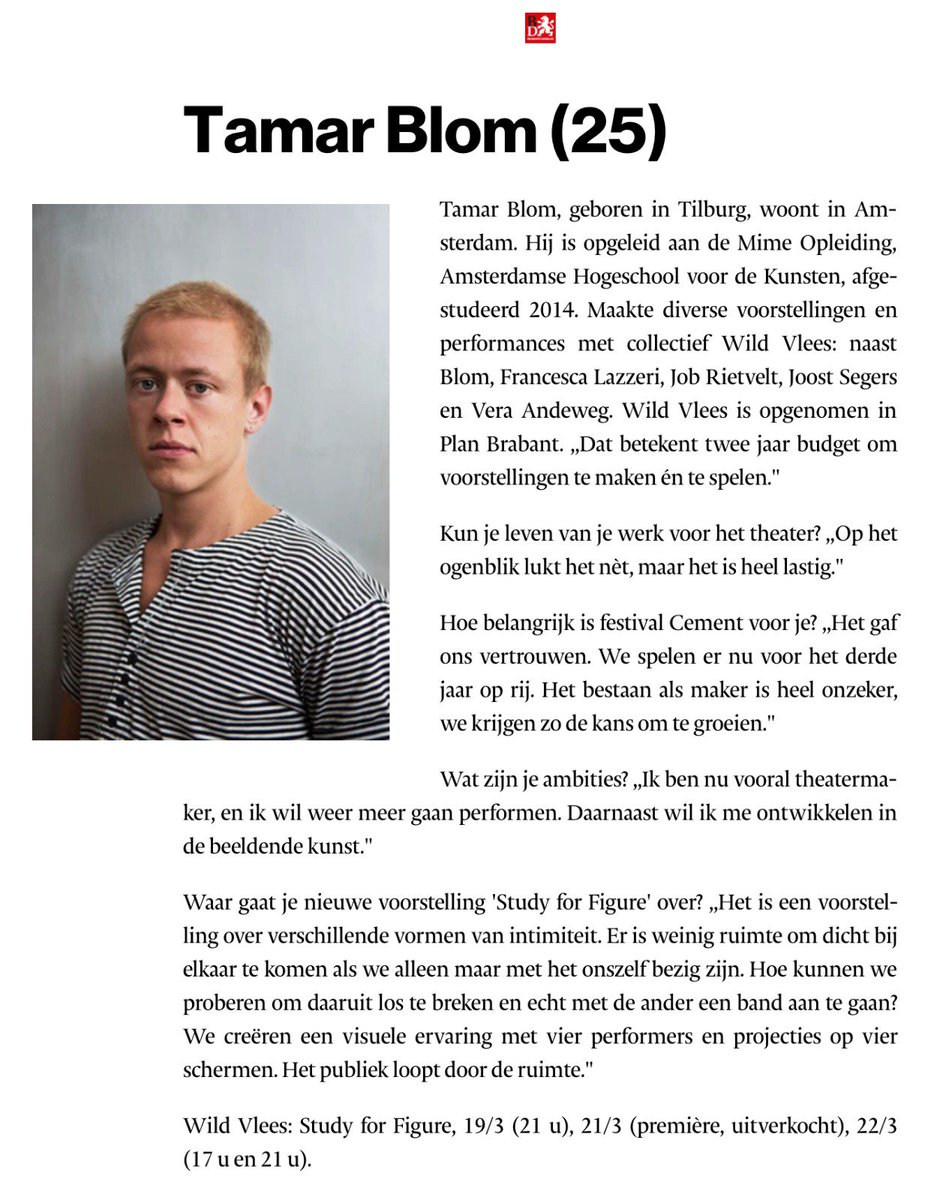 Wild_Vlees's tweet photo. Wild Vlees' Tamar Blom interviewed by @brabantsdagblad STUDY FOR FIGURE during @festivalcement try out 19 March / Première 21 March SOLD OUT. Tickets available for 22 March! #gettingthere #wildvlees #performanceart #intimacy https://t.co/IhWrGPMIC7