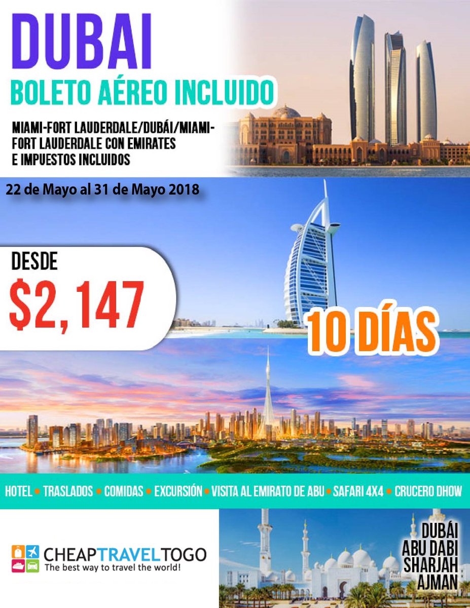 CheapTravelToGo's tweet photo. DUBAI!
10 Dias / 22 de Mayo al 31 de Mayo 2018
Boleto Aereo Incl. (Desde Miami)
Hoteles, Comidas, Traslados y mas.
Toll Free: 1-844-892-4317
reservations@cheaptraveltogo.com
https://t.co/WiNneasbmS
#dubai #vacations https://t.co/kYZ6Is83iD