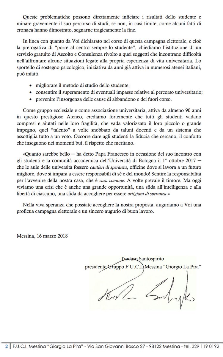 FuciMessina's tweet photo. Oggi abbiamo inviato ai candidati a Rettore #Unime una lettera per chiedere l'istituzione di uno #Sportello di #Ascolto e #Sostegno per gli #Studenti. Perché nessuno deve restare solo, perché nessuno deve restare indietro! 
#Fuci #Messina, #suunastradacomune #SpiritoeMente https://t.co/Mvf1ljNpAG