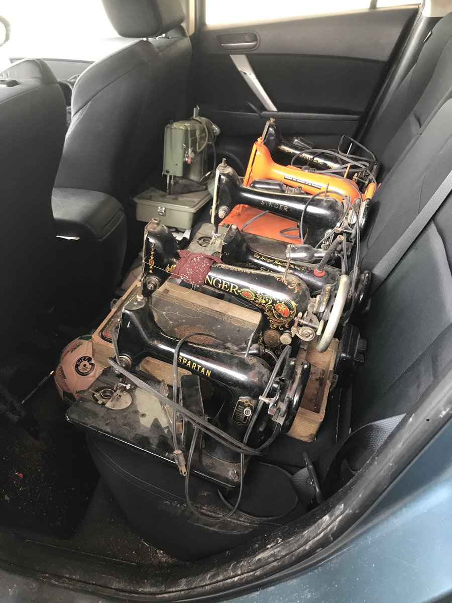 EarlSalko's tweet photo. After this haul, Raf now has 30 sewing machines. #FridayFeeling #collection #sew #singersewing #antique #vintage #cantstop https://t.co/fo4vGdhYar