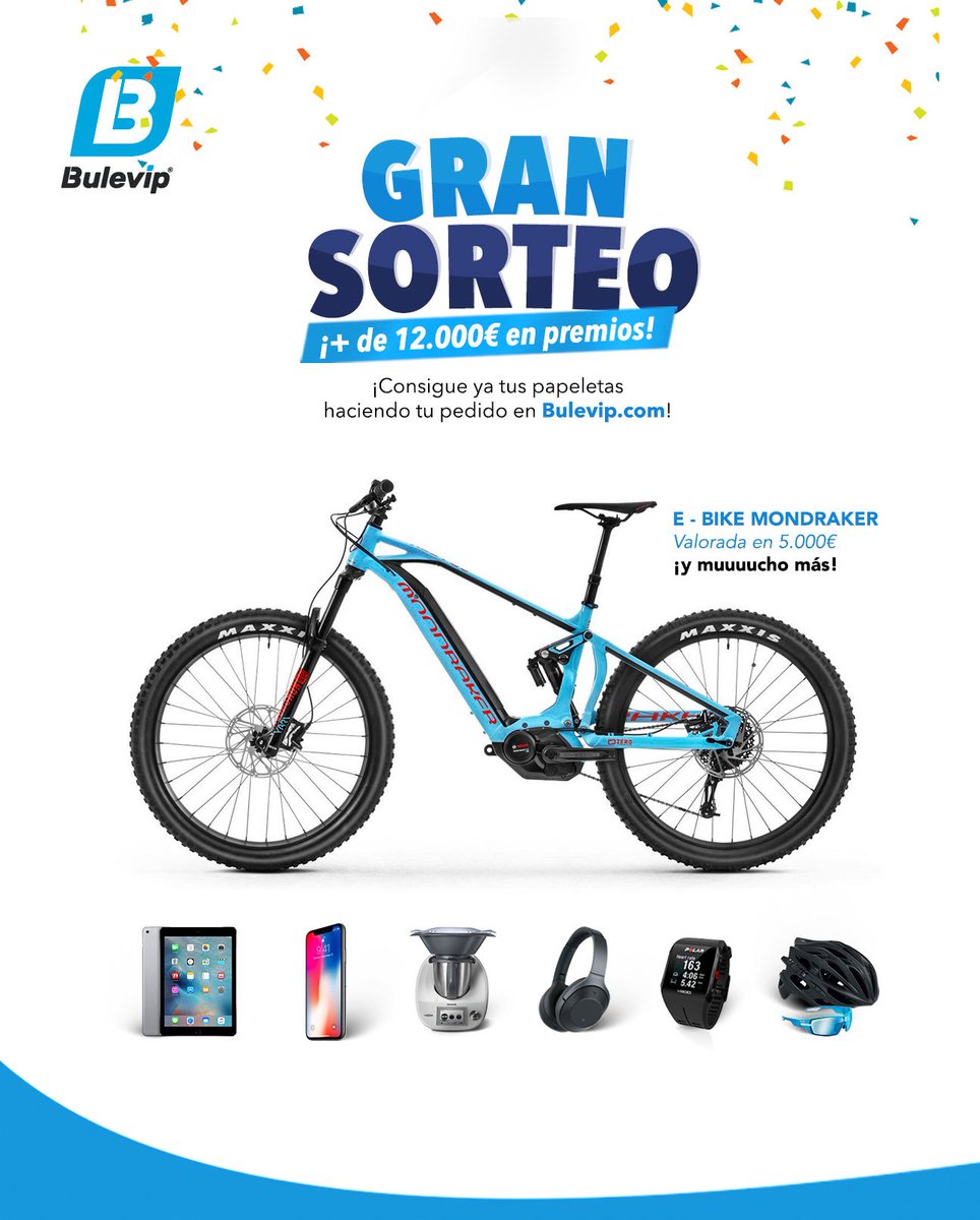 BuleVip's tweet photo. ¿Quieres llevarte una bici eléctrica Mondraker por la cara? ¡Haz un pedido en Bulevip y entra automáticamente en el sorteo de este y otros muchos premios!
Info y bases ante notario: https://t.co/L3PmVwt27b #bulevip #elgransorteo #sorteo #suerte #ciclismo #triatlon #bienestar https://t.co/9k1QUW2I9d
