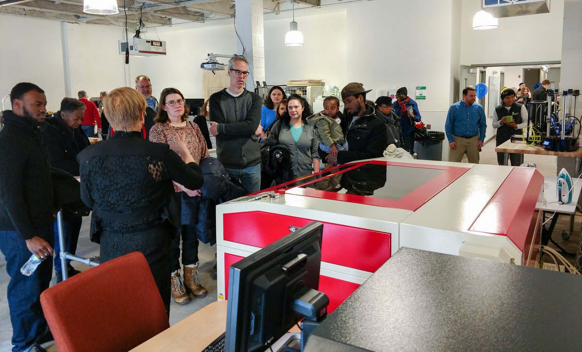 LizaAllisonCMU's tweet photo. Today was the very successful grand opening of the #macmakerspace Equipped with a Rabbit Laser, 3D printers, computer controlled routers and a soft textiles lab, the MAC Makerspace encourages makers of all ages to explore their creativity. @pitt_ie @Pittengineering @upittmac https://t.co/RkYjfs9vMi