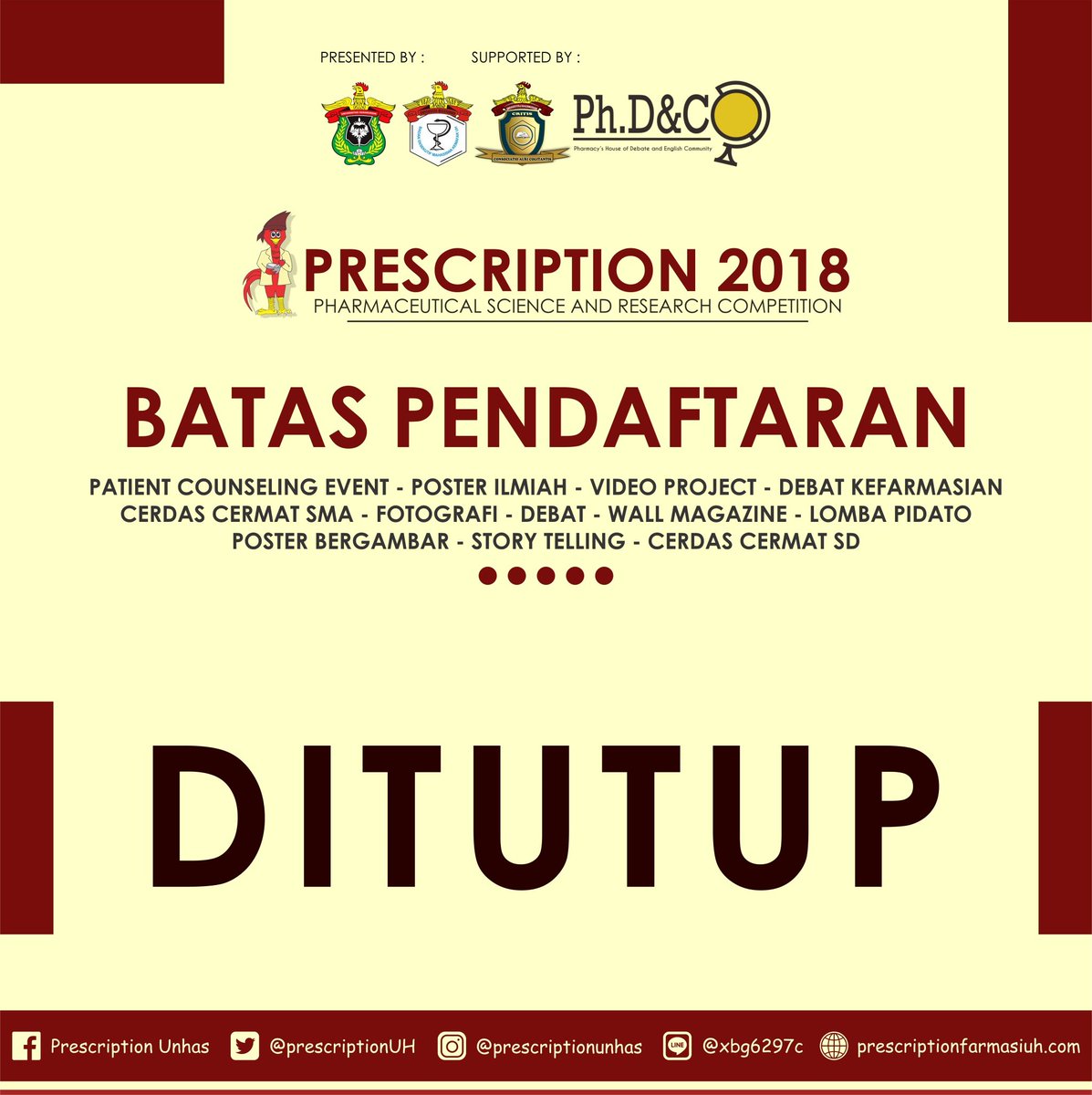 Hello prescription enthusiast!

Pendaftaran lomba Prescription 2018  telah DITUTUP
Terima kasih bagi sahabat prescription yang telah mendaftarkan diri dalam ajang Pharmaceutical Science &amp; Research Competition 2018😊

ditunggu kehadiran sahabat prescription di Makassar.