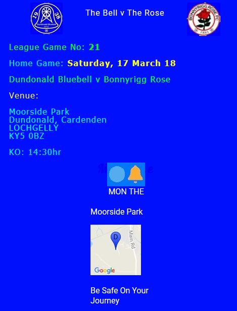 DBFC1938's tweet photo. 🔵🔔 News: Come &amp; Join Us @ Moorside Park SATURDAY,17 MARCH 2018 The Bell v Bonnyrigg Rose

Should be a crackin game of fitbaw &amp; the Bar will be open. MonThe 🔵🔔 https://t.co/Rig6faSEAG