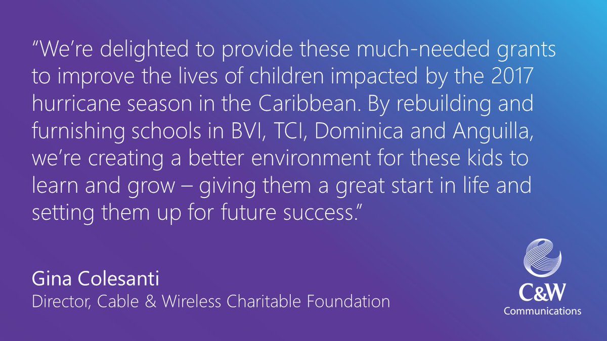 CWC_tweets's tweet photo. Great news! The Cable & Wireless Charitable Foundation is giving grants totaling US$290,000 to education projects across the Caribbean.
The grants will help restore normality in communities impacted by last year's hurricanes. More here 👉 https://t.co/Ymp543fptu
#CWFoundation https://t.co/qDvuFb1Qko