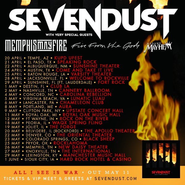 theReaperRadio's tweet photo. Sevendust new album ‘All I See Is War’ being released May 11th. Listen to the new song “Dirty” and  Pre-Order the album now. #Sevendust #AllISeeIsWar #SevendustTour #SevendustAllISeeIsWar #Sevendust2018 #SevendustNewAlbum https://t.co/0BeXtYtEX8