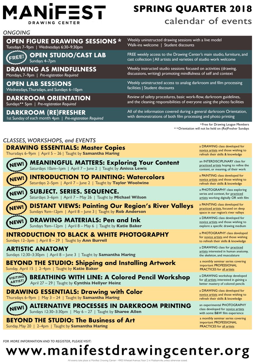 Have you seen the Spring Quarter Calendar for Manifest Drawing Center yet?! 19 different programs in two months! 

Drawing. Painting. Photography. Professional Practices. Studio Time.  If you need it in order to create, we've got it! manifestdrawingcenter.org