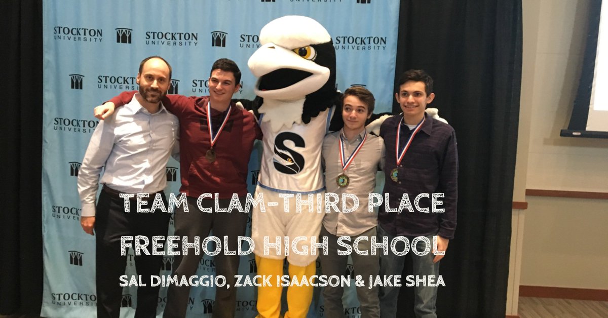 CSTASNJ's tweet photo. Announcing the @Stockton_edu Third Place Winners from Freehold High School Sal DiMaggio, Zack Isaacson & Jake Shea @csteachersorg #CSTASNJ #CSNJ #CSTANJ https://t.co/f5NWZIXD74