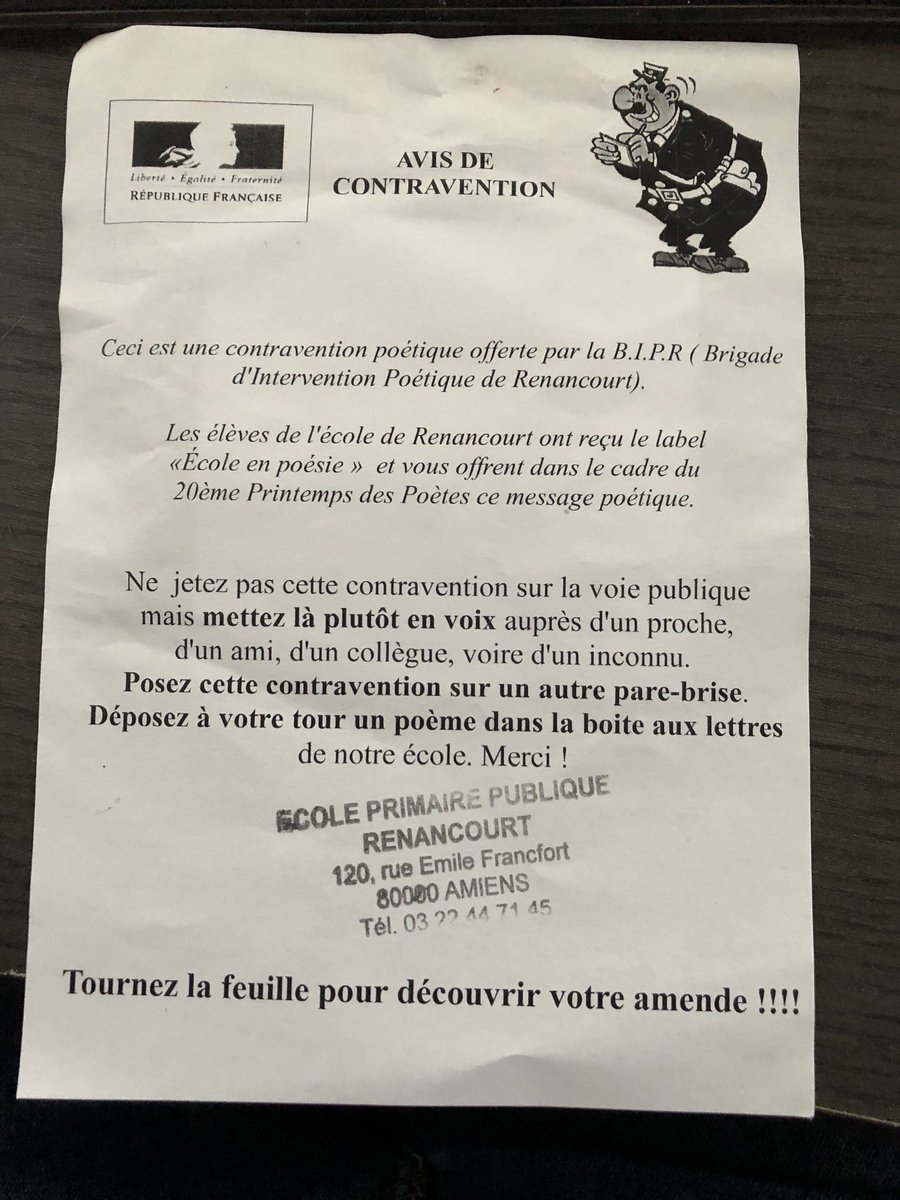ReynaldLelong's tweet photo. J’ai reçu une contravention sur mon pare-brise de voiture ce matin, mais ce n’est pas de @PoliceNationale 😄. Merci Nelly pour ce poème et le dessin, n’hésitez pas à envoyer des poèmes à cette école. Super initiative 👌🏼. #Amiens https://t.co/r2R8acxsIW