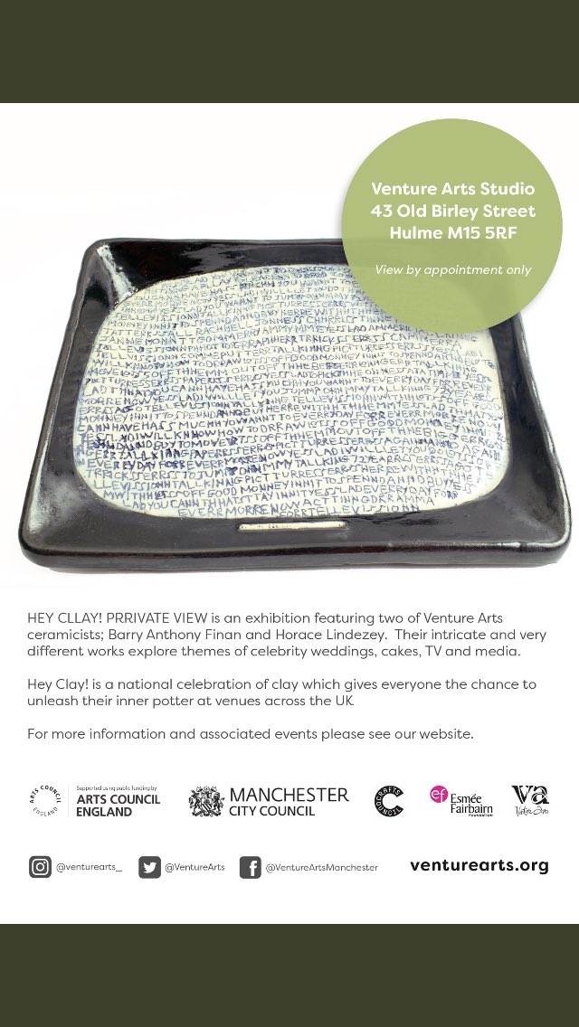 Very excited about HEY CLLAY! PRRIVATE VIEW exhibition opening <a href="/VentureArts/">Venture Arts</a> starting Friday 23rd March! Featuring exciting new work by Barry Finan and Horace Lindezey, including Lindezey’s  ‘Hayley from coronation street’s wedding dress’ #HeyClay venturearts.org/exhibitions-ev…