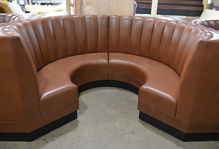 MaxsunGroup's tweet image. 3/4 circle booths with vertical channels for Mimi Blue! #booth #banquette