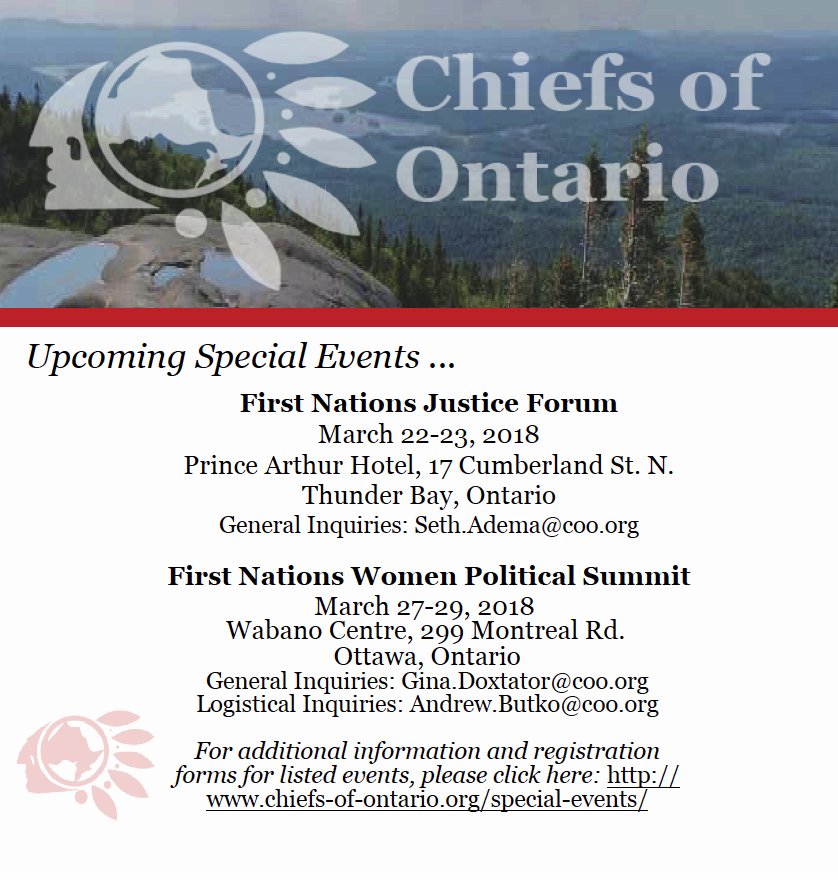 ChiefsofOntario's tweet photo. #UpcomingEvents hosted by @ChiefsofOntario 

First Nations #JusticeForum on March 22-23, 2018
First Nations Women #PoliticalSummit on March 27-29, 2018

For more information &amp; registration, please click here: https://t.co/TkKmqldncl https://t.co/R94TgwTvQU