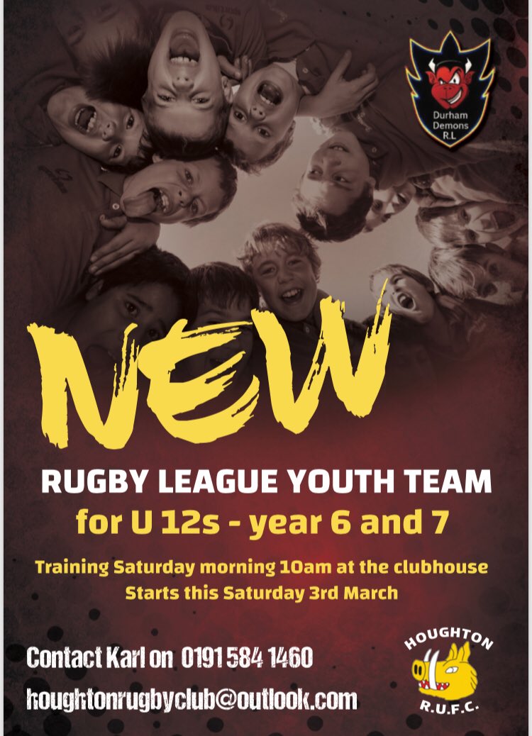 HoughtonRugby's tweet photo. The U12 Durham Demons Rugby League session tomorrow has been cancelled due to a waterlogged pitch! Back on next Saturday. https://t.co/tZSkyyQi1Z