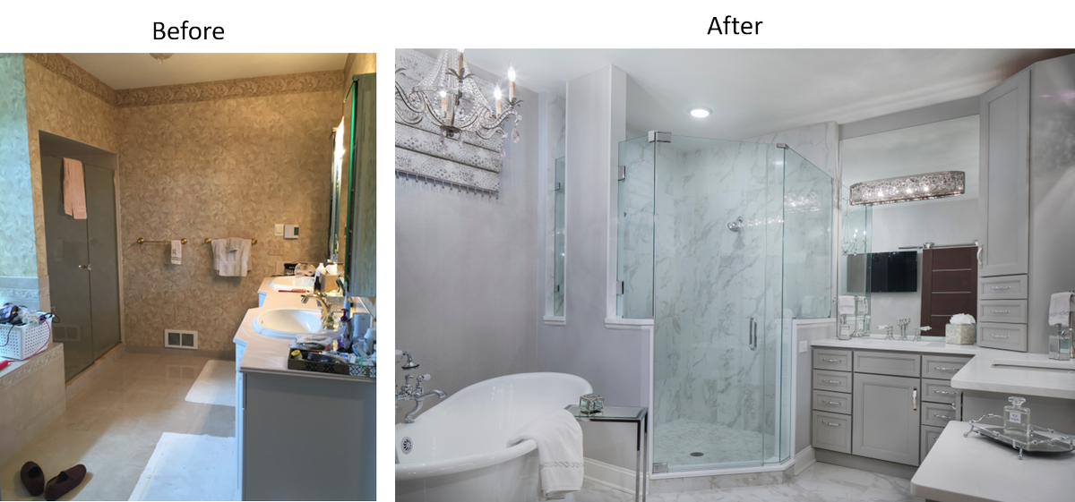 PerkinDesign's tweet photo. Dramatic master bathroom renovation features custom-designed cabinetry, beautiful porcelain tile, a luxurious claw foot tub, and the perfect mix of relaxation and functionality.

#njinteriordesign #interiordesign #perkindesigninteriors #bathroomdesign #masterbath #modernbath https://t.co/9E2J35x0zx