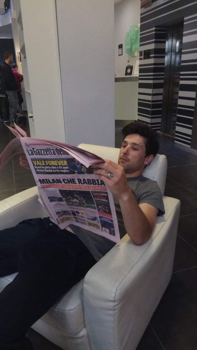 Some free time for <a href="/gatto_oscar/">Oscar Gatto</a> to take a look through <a href="/Gazzetta_it/">La Gazzetta dello Sport</a> #MSR #Gazzetta #evening #AstanaProTeam
